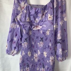 Purple Floral  Dress XL Lantern Sleeve  Ruched Ruffle Hem Dress